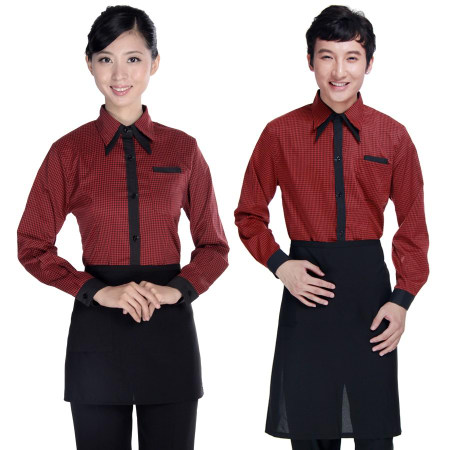 时尚红色款式西餐厅职业装定制服装厂家